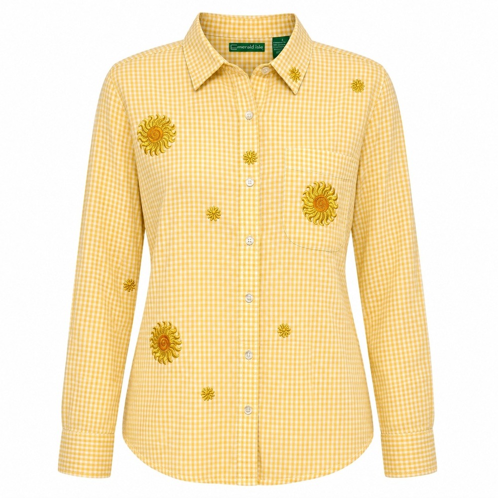 Emerald Isle Picniccore Gingham Shirt Women Small Boho Preppy Sun Embroidered